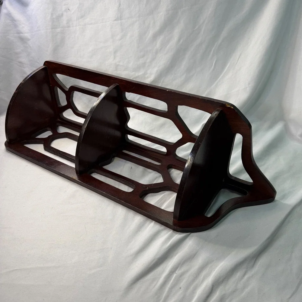Vintage Dark Wood Corner Wall Shelf Fretwork Cutout 3 Tier Display Rack